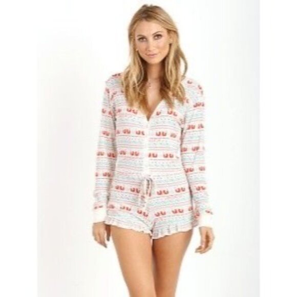Wildfox Long Sleeve Snap-Button Front Waist-Tie Ruffled Shorts Romper Playsuit L - Picture 3 of 16